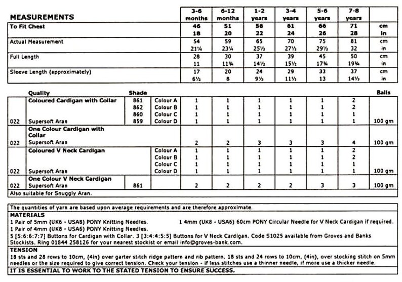 May include: A knitting pattern chart for a coloured cardigan with collar and a coloured V-neck cardigan. The chart includes yarn shade numbers, yarn quantities, and needle sizes for different ages. The pattern is for Supersoft Aran yarn.