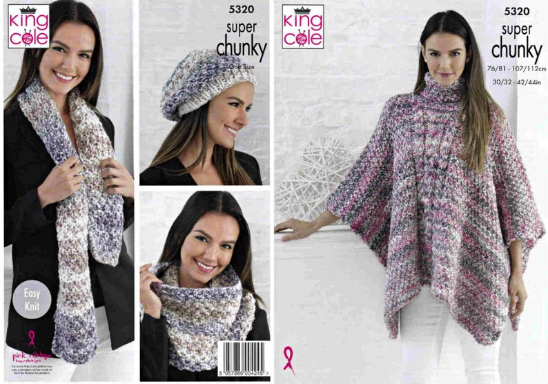 Easy Knit Womens Scarf Wrap Cowl /& Hat Chunky Knitting Pattern King Cole 5276