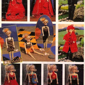 May include: A collection of dolls showcasing handmade clothing. The dolls are dressed in red dresses, black outfits, and knitted ensembles. Some dolls are wearing coats and capes. The outfits include bows, floral patterns, and striped designs.