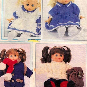 May include: Four dolls dressed in knitted outfits. One doll wears a blue and white dress with a white apron. Another doll is in a blue dress with white trim. The third doll is in a blue coat, red scarf, and red boots. The last doll wears a white sweater, blue pants, and red shoes.