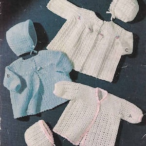 PDF Crochet Pattern 299~Three Matinee Coats and Bonnets~3ply~0-3 months