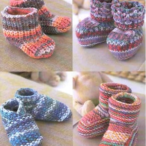 May include: Four pairs of colourful knitted baby booties. The booties are made with a variety of yarn colours and patterns, including stripes and speckles. The booties are a great gift for a new baby.