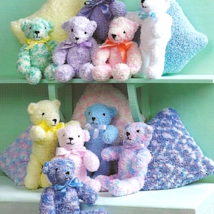 May include: A collection of plush teddy bears in various colours, including blue, pink, yellow, and white. The bears are sitting on a shelf with a light blue background. Some of the bears have bows around their necks.
