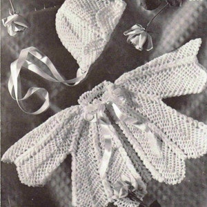 Nearly Free PDF Crochet Pattern B597~Scalloped Matinee Coat & Bonnet~2ply~19&quot;