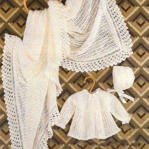 PDF Knitting Pattern 8617~Shawl, Matinee Coat& Bonnet~4ply~17-19&quot;