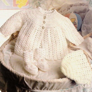 PDF Crochet Pattern ED2~Matinee Coat, Bonnet & Bootees~4ply~12-18&quot;