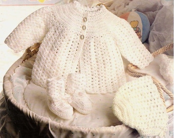 PDF Crochet Pattern ED2~Matinee Coat, Bonnet & Bootees~4ply~12-18"