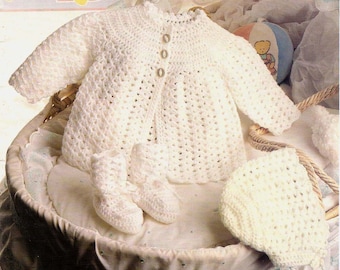 PDF Crochet Pattern~Matinee Coat, Bonnet & Bootees~4ply~12-18"