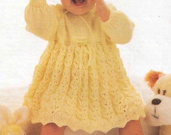 PDF Knitting Pattern~Lacy Dress and Bonnet~DK or 4ply~14-18"