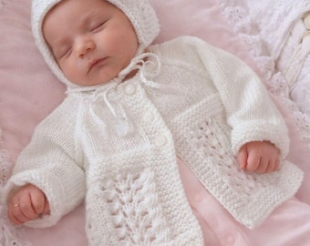 Hand-Knitted Cardigan and Bonnet~White~0-3 months
