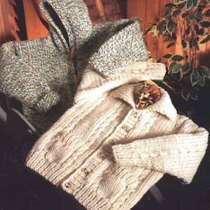 May include: Two knitted sweaters, one with a hood and a speckled pattern in shades of green, blue, and white, and the other a cream-colored sweater with a cable knit pattern and buttons.