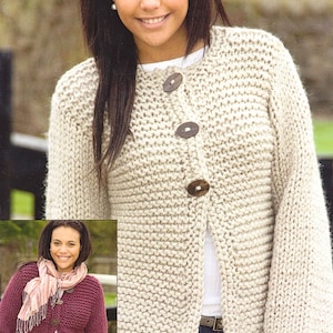 May include: A cream-colored, chunky knit cardigan with three large, round, wooden buttons. The long-sleeved sweater has a ribbed texture and is worn over a white top and blue jeans. A smaller image shows a similar burgundy cardigan.