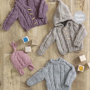 Patrón de punto PDF 4351 ~ Chaqueta con capucha, suéter, cárdigan y gorro ~ Tejido grueso ~ 14-24"