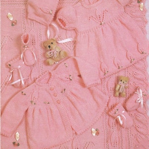 PDF Knitting Pattern 804~Baby Girl&#39;s Leaf Lace Layette~DK~16-22&quot;