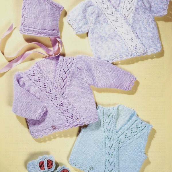 PDF Knitting Pattern~Crossover Cardigans, Waistcoat, Bonnet & Shoes~DK~12-20"