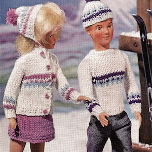 May include: A vintage image of two dolls dressed in knitted winter outfits. The doll on the left wears a white sweater with purple and blue stripes, a matching hat, and a purple skirt. The doll on the right wears a similar sweater and hat with dark pants.