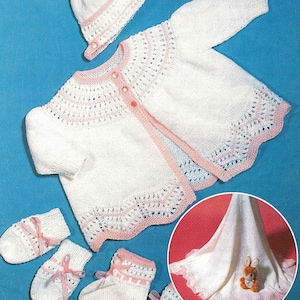 PDF Knitting Pattern 3380~Delicate Layette~3ply~14-18&quot;