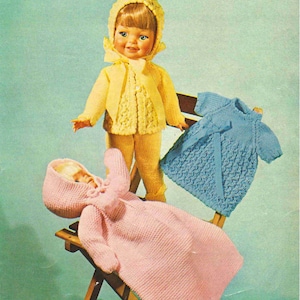 PDF Knitting Pattern 626~Doll&#39;s Pram Set, Sleeping Bag and Dress~DK~12-16 inch dolls