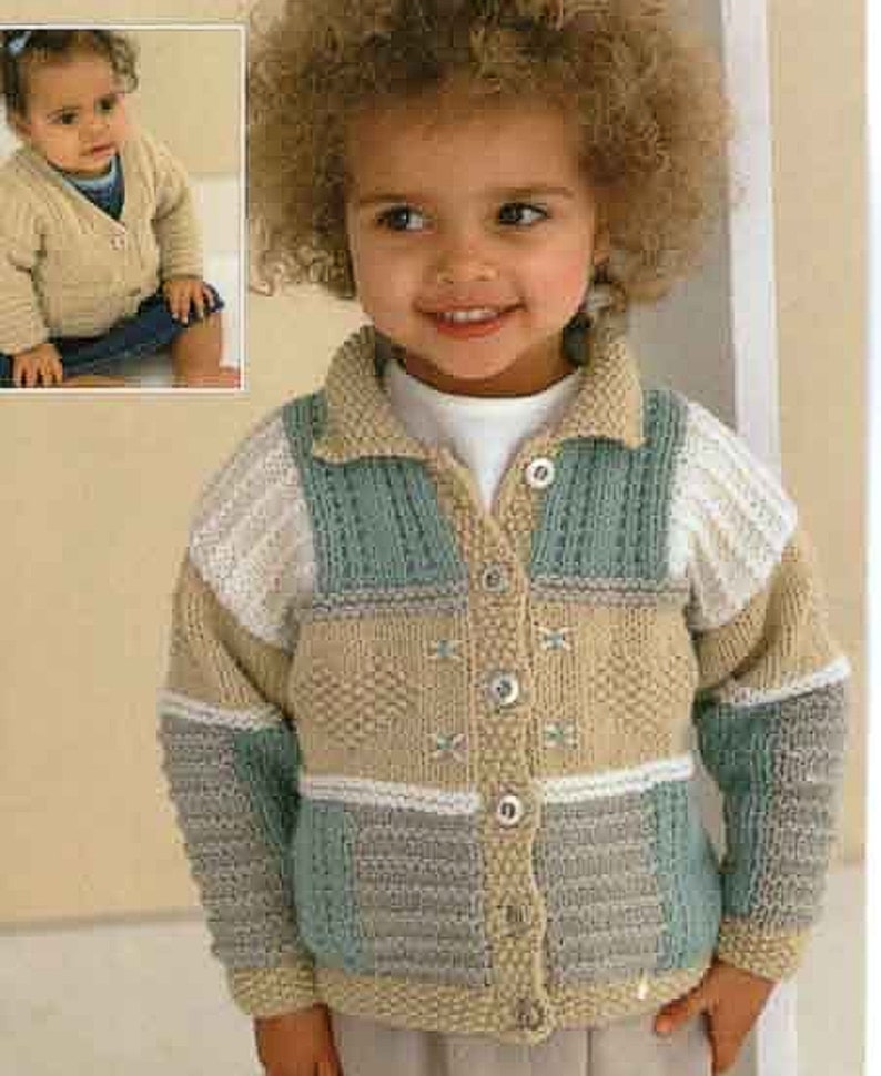 May include: A knitted cardigan for a child with a button-up front and a collar. The cardigan is made of a patchwork of different coloured yarns in shades of beige, white, and blue.