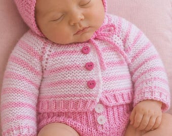 Hand-Knitted 4-Piece Baby Set~Pink & White~0-3 months