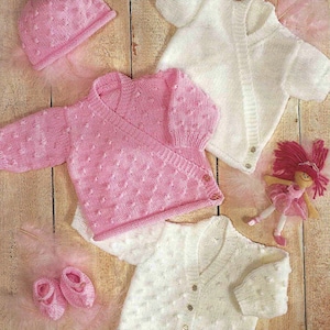 PDF Knitting Pattern~Cardigans, Hat & Slippers~DK~16-26"