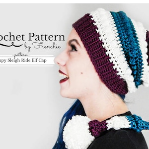 May include: Crochet pattern for a purple, white and teal elf hat with a long, curly tail. The hat is called "Bumpy Sleigh Ride Elf Cap" and is by "Frenchie".