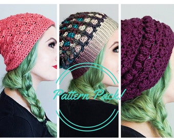 PATTERN PACK Crochet Slouchy Hat Patterns set of THREE Patterns