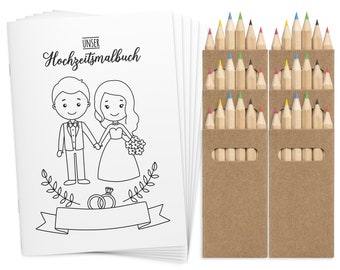 Malbücher Gastgeschenk Hochzeit für Kinder Set mit Buntstiften - Hochzeitsmalbuch Vintage Alternative Gästebuch Boho Malbuch weiß rot