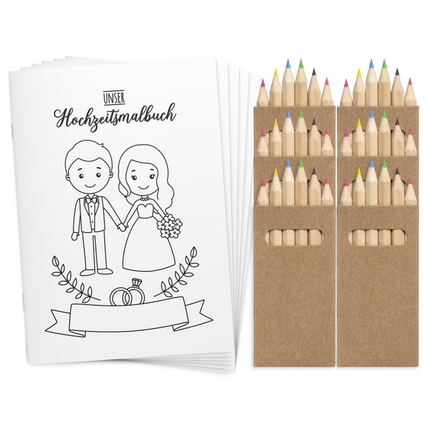 Malbücher Gastgeschenk Hochzeit für Kinder Set mit Buntstiften - Hochzeitsmalbuch Vintage Alternative Gästebuch Boho Malbuch weiß rot