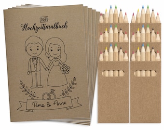 Malbücher Gastgeschenk Hochzeit für Kinder Set mit Buntstiften - Hochzeitsmalbuch Vintage Gästebuch Malbuch mit Kraftpapier