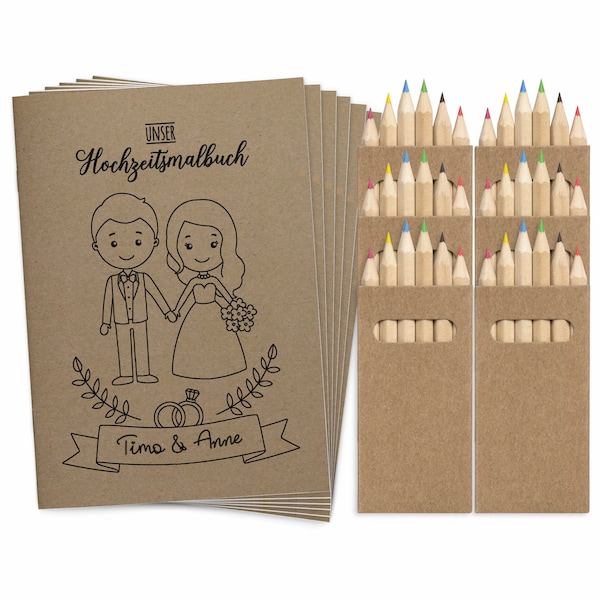 Malbücher Gastgeschenk Hochzeit für Kinder Set mit Buntstiften - Hochzeitsmalbuch Vintage Gästebuch Malbuch mit Kraftpapier