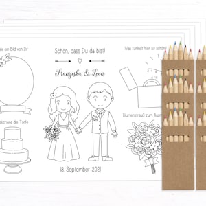 Gastgeschenk Tischvorlagen für Kinder zur Hochzeit mit Buntstiften Malunterlage Alternative Gästebuch Hochzeitsmalbuch Malbuch Tischkarten