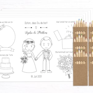 Gastgeschenk Tischvorlagen für Kinder zur Hochzeit mit Buntstiften Malunterlage Alternative Gästebuch Hochzeitsmalbuch Malbuch Tischkarten
