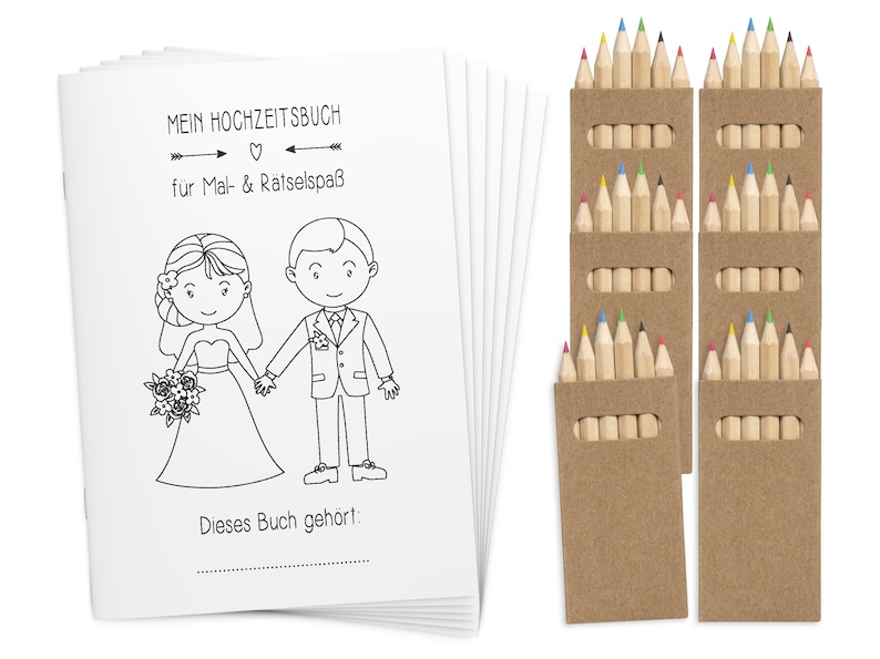 Malbücher Gastgeschenk Hochzeit für Kinder Set mit Buntstiften Hochzeitsmalbuch Alternative zu Gästebuch Malbuch Vintage Stifte Bild 1