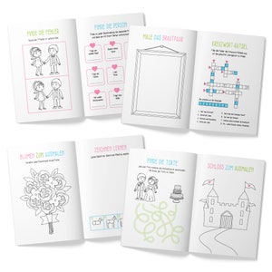 Puede incluir: Un libro de actividades ilustrado en blanco y negro para ni&ntilde;os con diversas actividades como encontrar las diferencias, encontrar a la persona, dibujar un dibujo, resolver un crucigrama, colorear un ramo de flores, dibujar un caballo, encontrar el pastel y colorear un castillo.
