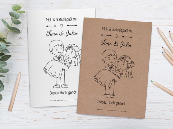 personalisierte Malbücher für Kinder im Set - Gastgeschenk Hochzeit Malbuch Gästebuch mit Fragen Hochzeitsmalbücher Vintage braun