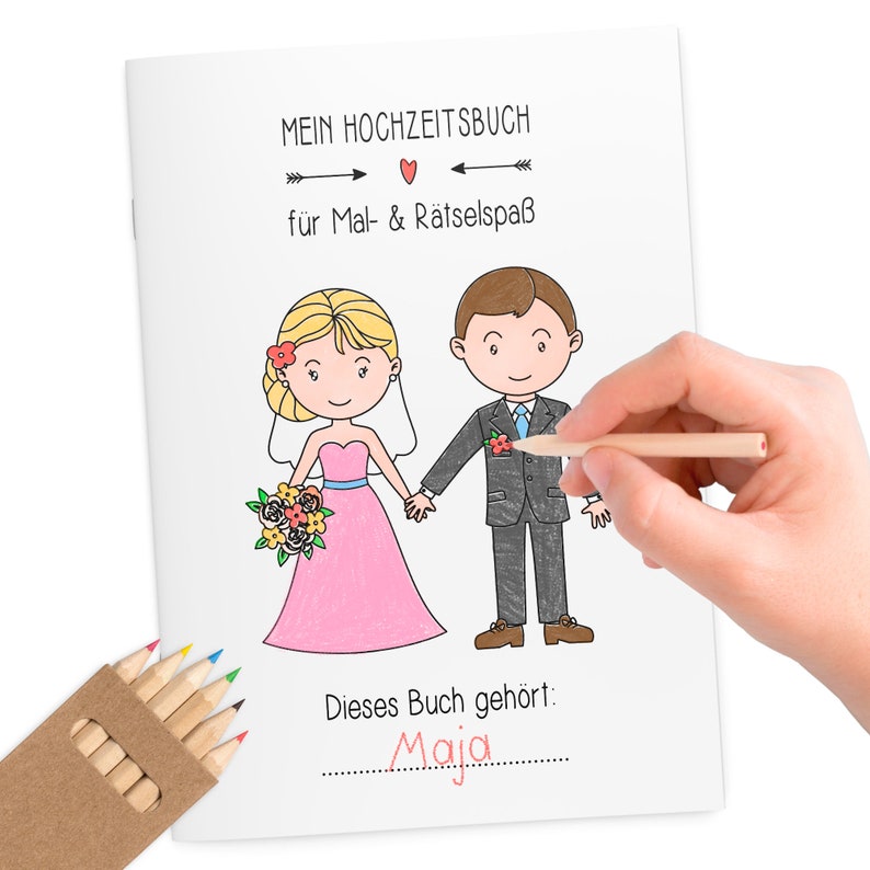 Malbücher Gastgeschenk Hochzeit für Kinder Set mit Buntstiften Hochzeitsmalbuch Alternative zu Gästebuch Malbuch Vintage Stifte Bild 2