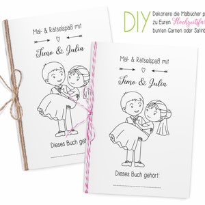 Puede incluir: Dos portadas de libro para colorear en blanco con una pareja de dibujos animados en cada una. Las portadas est&aacute;n decoradas con cordel y cordel de panadero rosa y blanco. El texto en las portadas dice "Mal- & R&auml;tselspa&szlig; mit" y "Timo & Julia".
