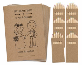 Coloring books wedding gift for children set with colored pencils - Wedding coloring book Boho Greenery brown kraft paper guest book