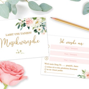 Musikwunschkarten zur Hochzeit Musikwünsche für den DJ Hochzeitsspiel Gastgeschenk Musikkarten DJ rosa Blumen Rosen grüne Blätter Greenery