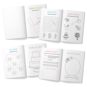 Puede incluir: Un libro de actividades de boda ilustrado en blanco y negro con p&aacute;ginas para juegos, rompecabezas y dibujo. El libro incluye actividades como unir los puntos, b&uacute;squedas de palabras y dibujar un autorretrato.