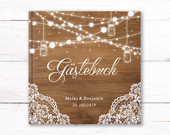 Gästebuch Hochzeit personalisiert mit Spitze und Holz Greenery Vintage - Hochzeitsgästebuch Herzen Lampions Hardcover ohne Fragen Fotobuch