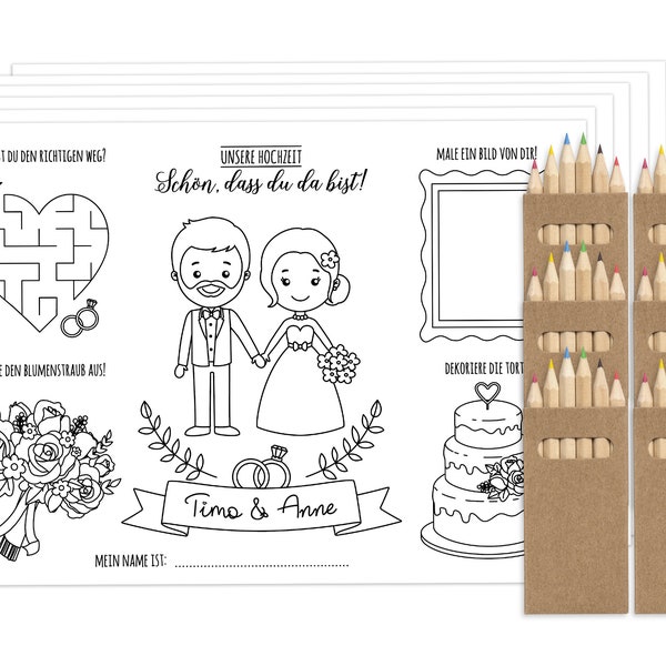 Gastgeschenk Tischvorlagen für Kinder zur Hochzeit mit Buntstiften Malunterlage Alternative Gästebuch Hochzeitsmalbuch Malbuch Tischkarten