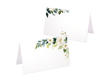 Tischkarten für die Hochzeit Namenskarten zum Beschriften in Watercolor Eukalyptus Greenery grüne Blätter Vintage Blumen weiß Platzkarten