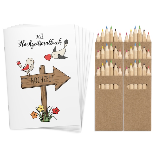 Malbücher Gastgeschenk Hochzeit für Kinder Set mit Buntstiften - Hochzeitsmalbuch Vintage Alternative Gästebuch Boho Malbuch weiß rot