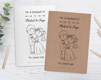 personalisierte Malbücher für Kinder im Set - Gastgeschenk Hochzeit Malbuch Gästebuch mit Fragen Hochzeitsmalbücher Vintage braun