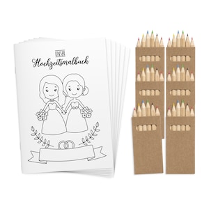 Libros para colorear de novia y novia para niños en set – Libro para colorear para invitados de boda, libro para colorear DIN A6, libro de visitas con preguntas, libros para colorear de boda, vintage