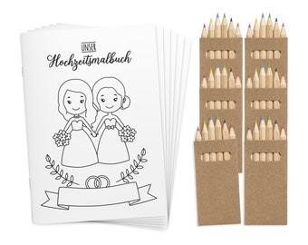 Coloring books bride & bride for children in a set - wedding gift coloring book DIN A6 guest book with questions wedding coloring books vintage