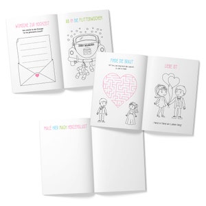 Puede incluir: Un libro para colorear en blanco y negro con p&aacute;ginas para escribir deseos de boda, un coche con un coraz&oacute;n en la parte trasera, un laberinto para encontrar a la novia y una pareja cogidos de la mano con globos. El texto en las p&aacute;ginas dice "W&uuml;nsche zur Hochzeit", "Ab in die Flitterwochen", "Finde die Braut" y "Liebe ist".