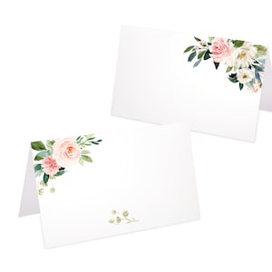 Tischkarten für die Hochzeit Namenskarten zum Beschriften in Watercolor Pfirsich Lachs Aprikose Rose Gold grüne Blätter Blumen Platzkarten